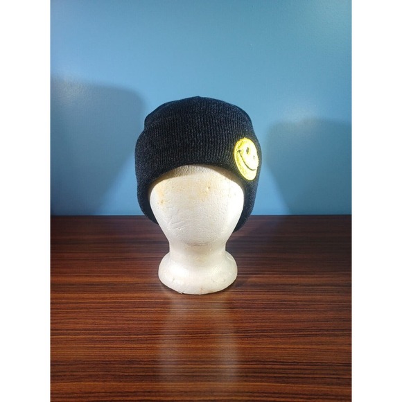 Black Beanie Hat Winking Emoji Fuzzy Face SG FOOTWEAR One Size Cuffed - Picture 2 of 14
